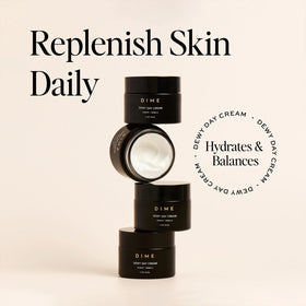 DIME Dewy Day Cream next to coin for 50ml size comparison and portability