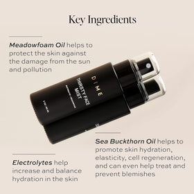DIME fine mist spray dispersing evenly to hydrate and set makeup without disruption