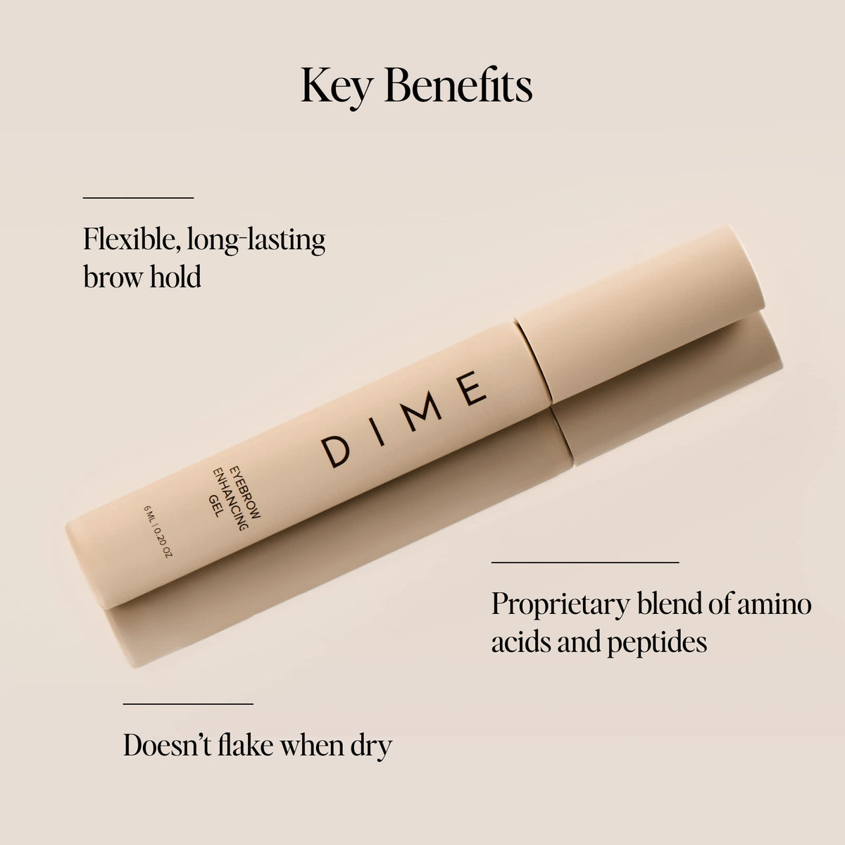 DIME wand applying gel to brow hairs for precise shaping and hold