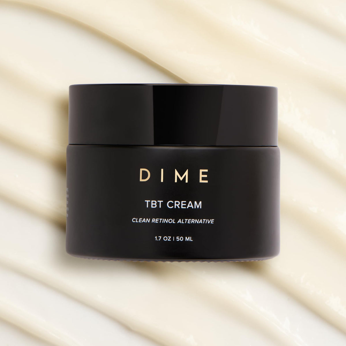 DIME TBT Cream label close-up showing clean ingredients and vegan claim
