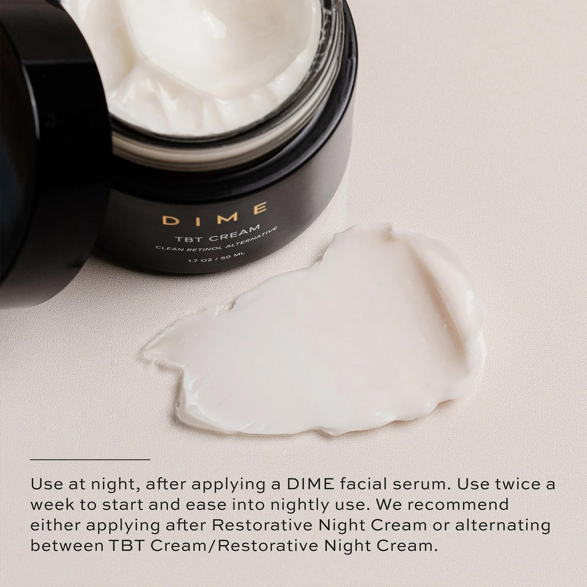 DIME TBT Cream staged on nightstand illustrating overnight firming routine