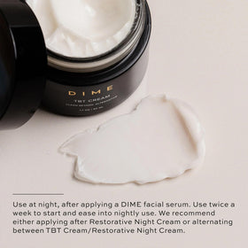 DIME TBT Cream staged on nightstand illustrating overnight firming routine