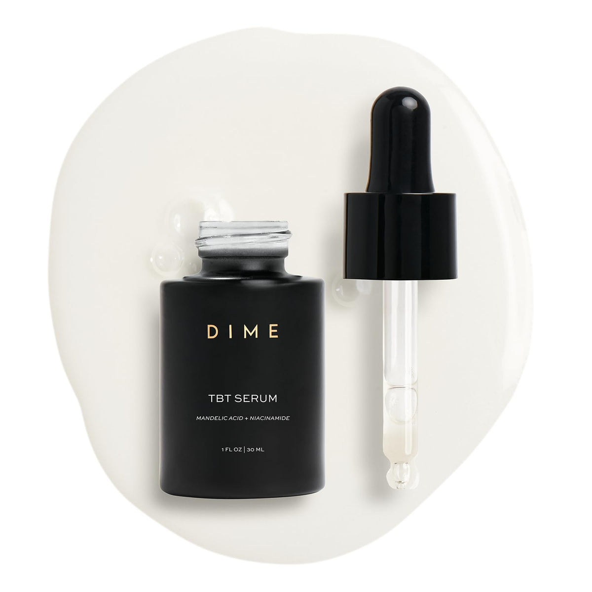 DIME TBT Serum front bottle view showing clean packaging and skin-renewing benefits