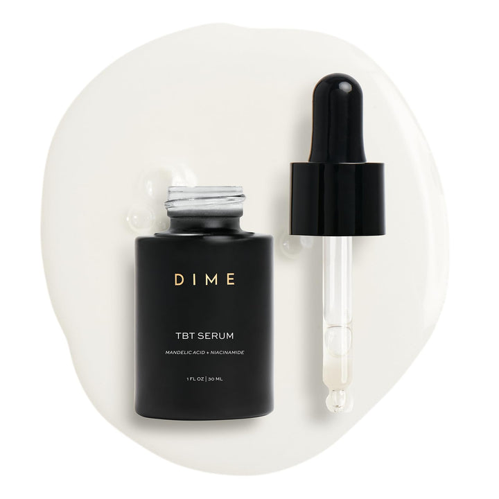 DIME TBT Serum front bottle view showing clean packaging and skin-renewing benefits