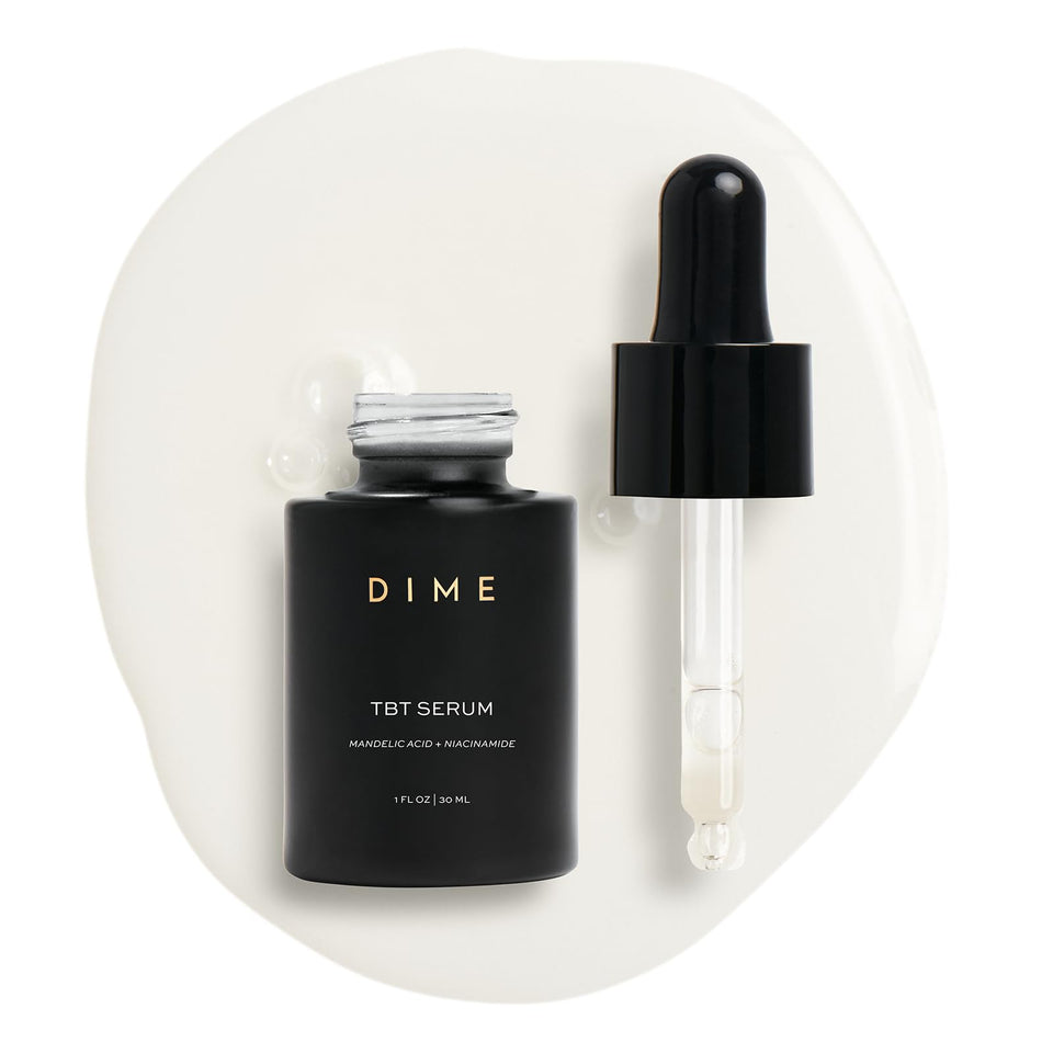 DIME TBT Serum front bottle view showing clean packaging and skin-renewing benefits