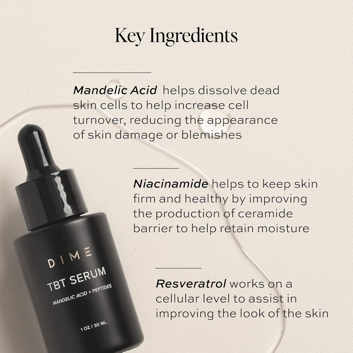 Flatlay of DIME TBT Serum with key ingredients emphasizing antioxidant benefits
