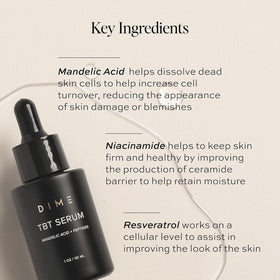 Flatlay of DIME TBT Serum with key ingredients emphasizing antioxidant benefits