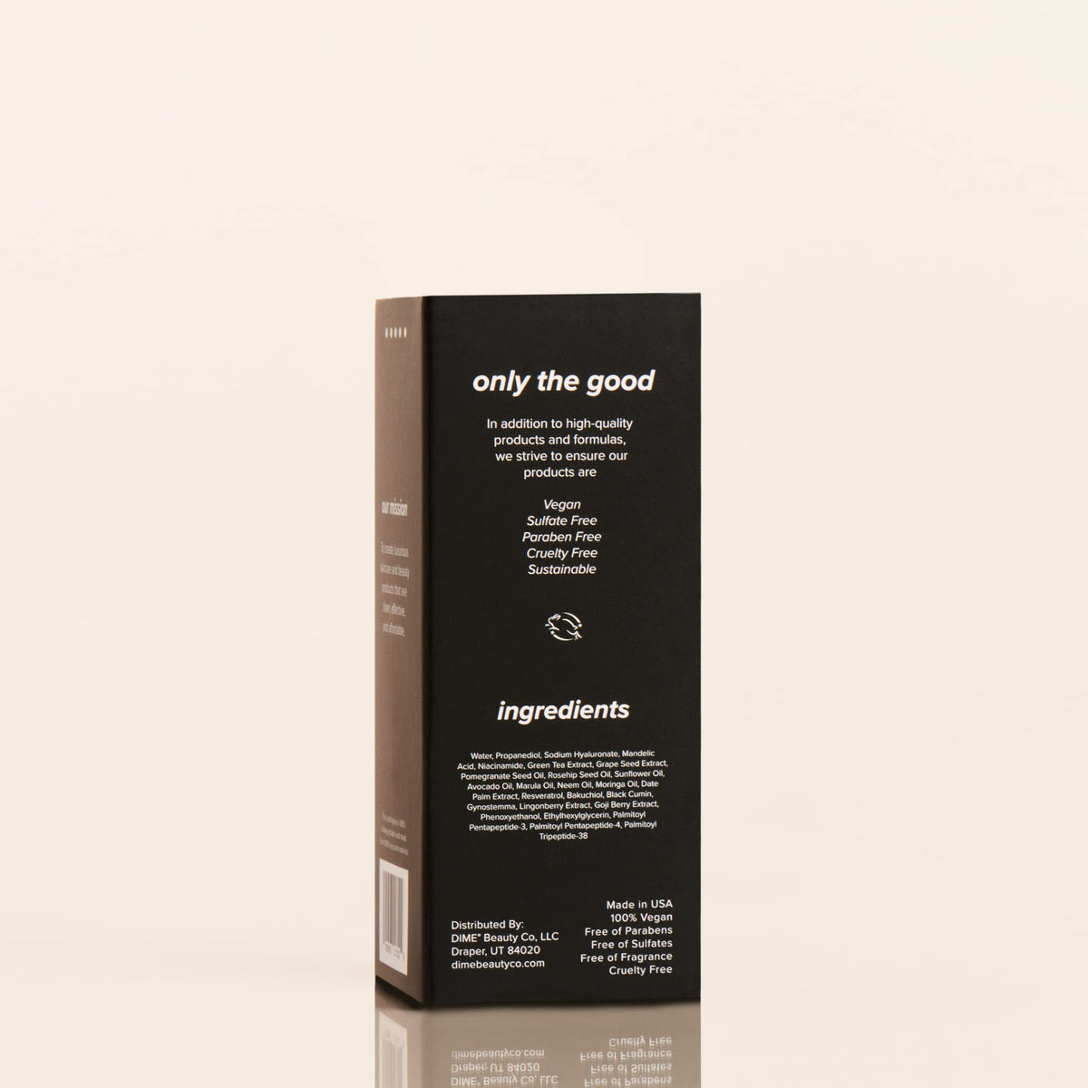 DIME TBT Serum label close-up displaying vegan, cruelty-free claims and clean formula