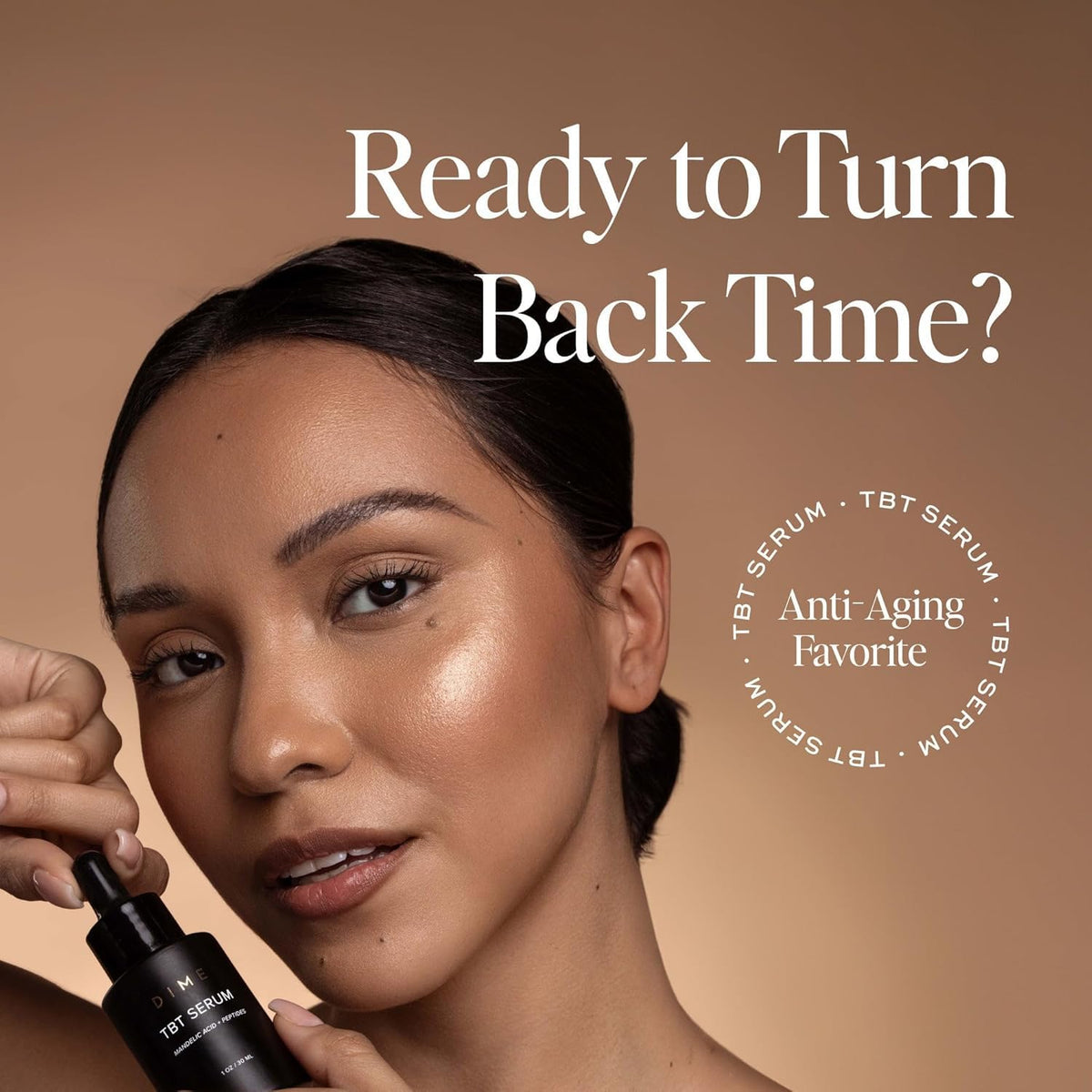 DIME TBT Serum next to a ruler to show 1 oz scale and travel-friendly sizing benefit