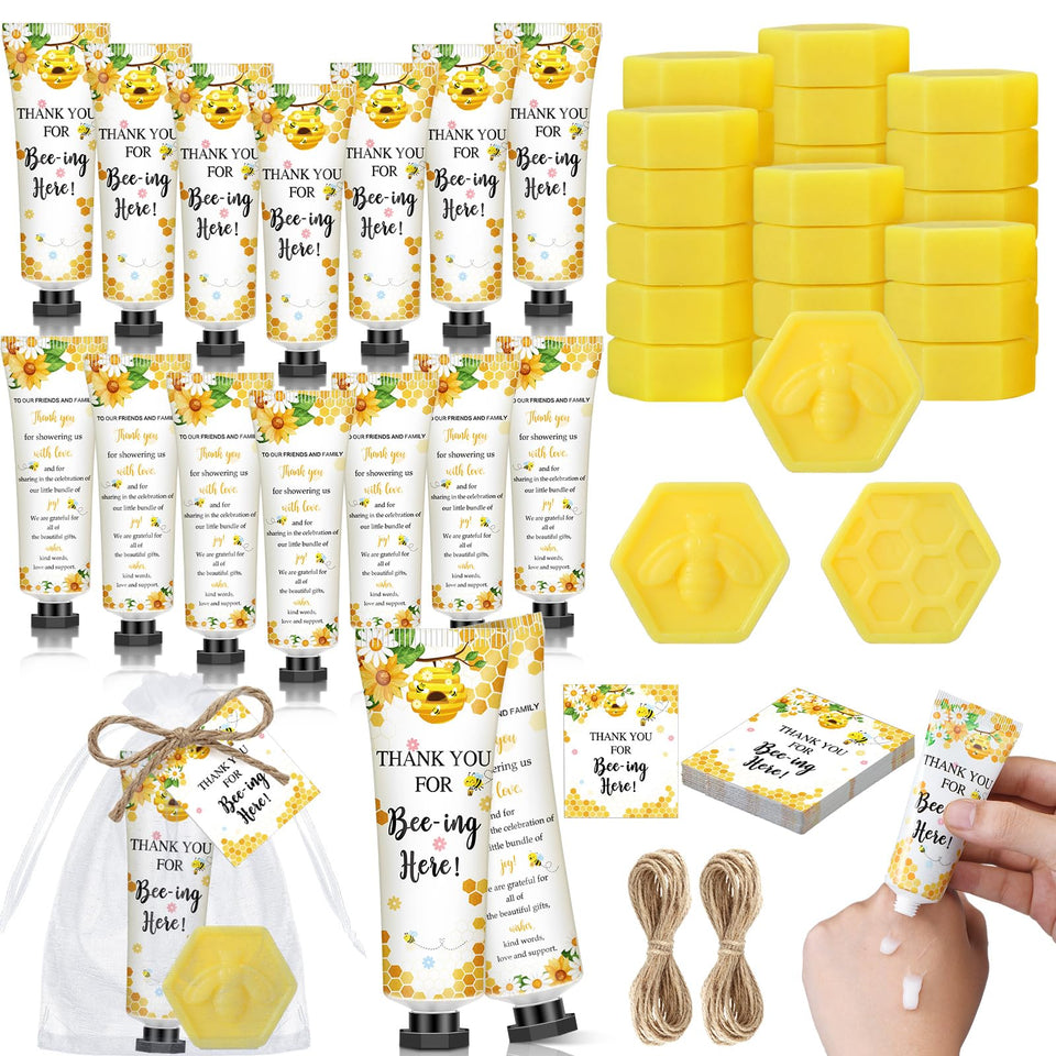Dimsile front packaging showing full 25-set bee favor kit and cheerful presentation benefit