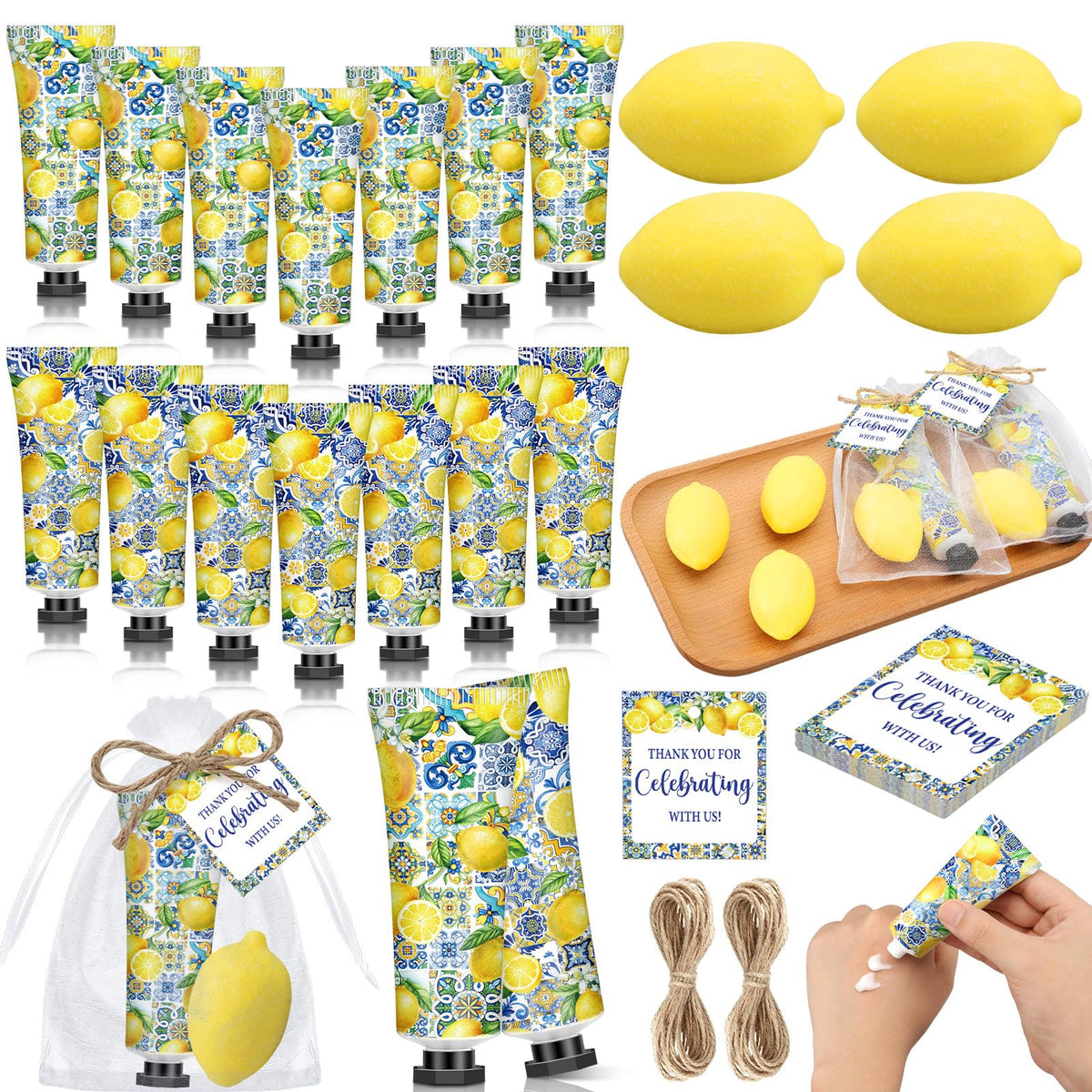 Dimsile front packaging showing 25 Capri lemon favor sets, great for themed presentation