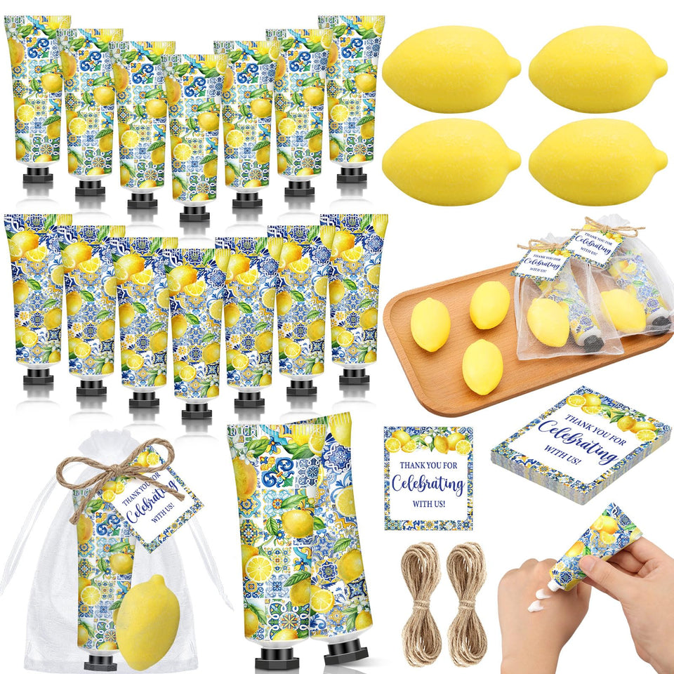 Dimsile front packaging showing 25 Capri lemon favor sets, great for themed presentation