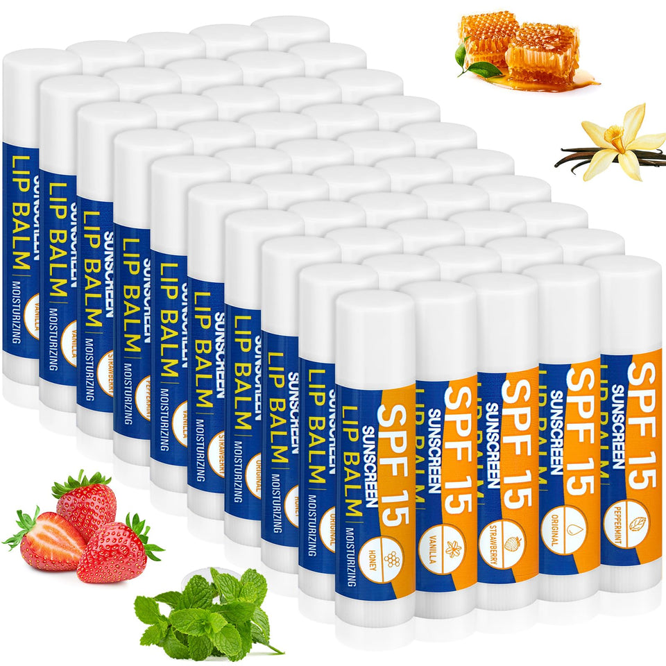 Dimsile front packaging showing 50 colorful lip balm tubes and gifting appeal