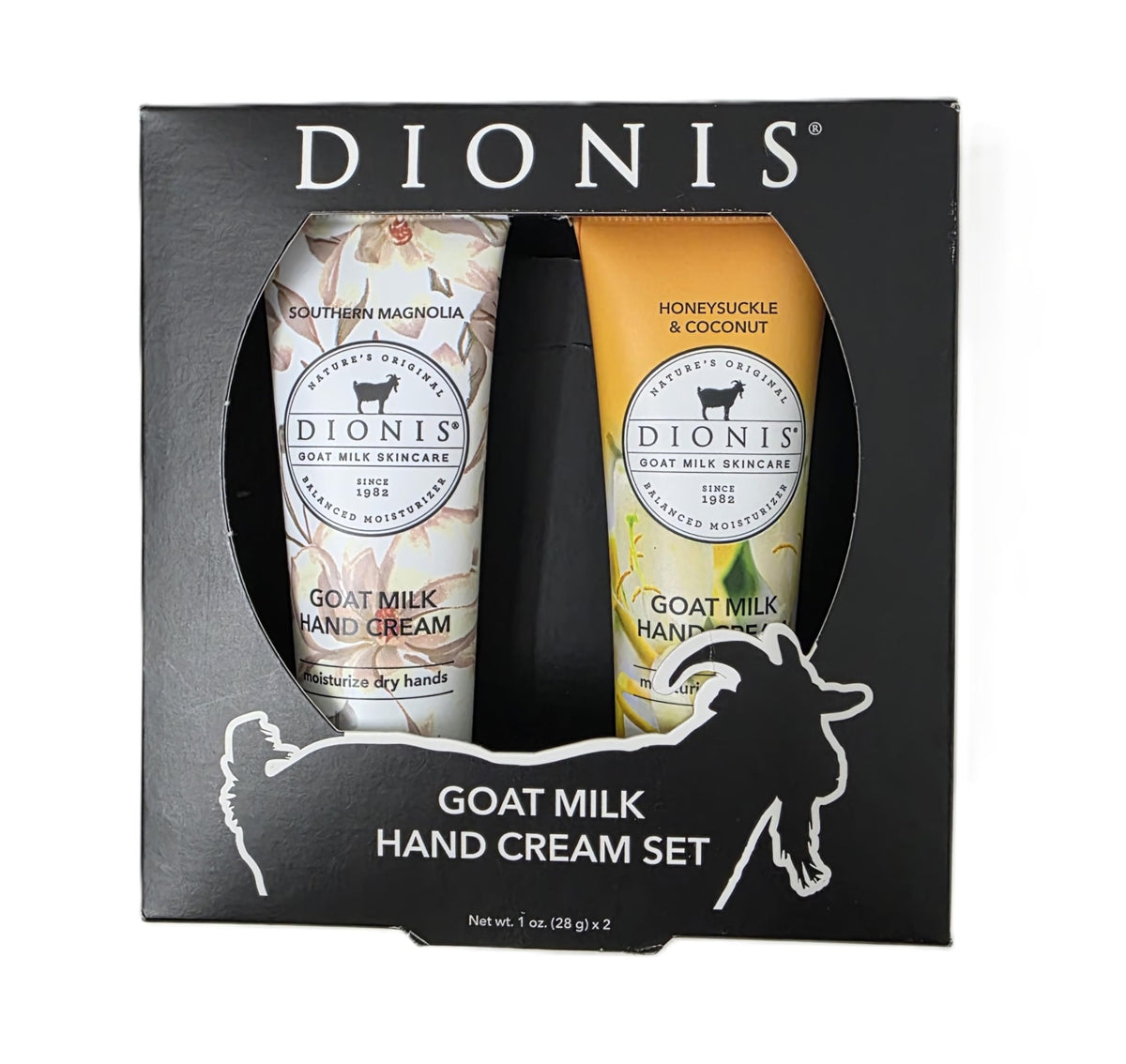 Dionis duo front packaging showing two 1 oz tubes and scent labels for travel convenience