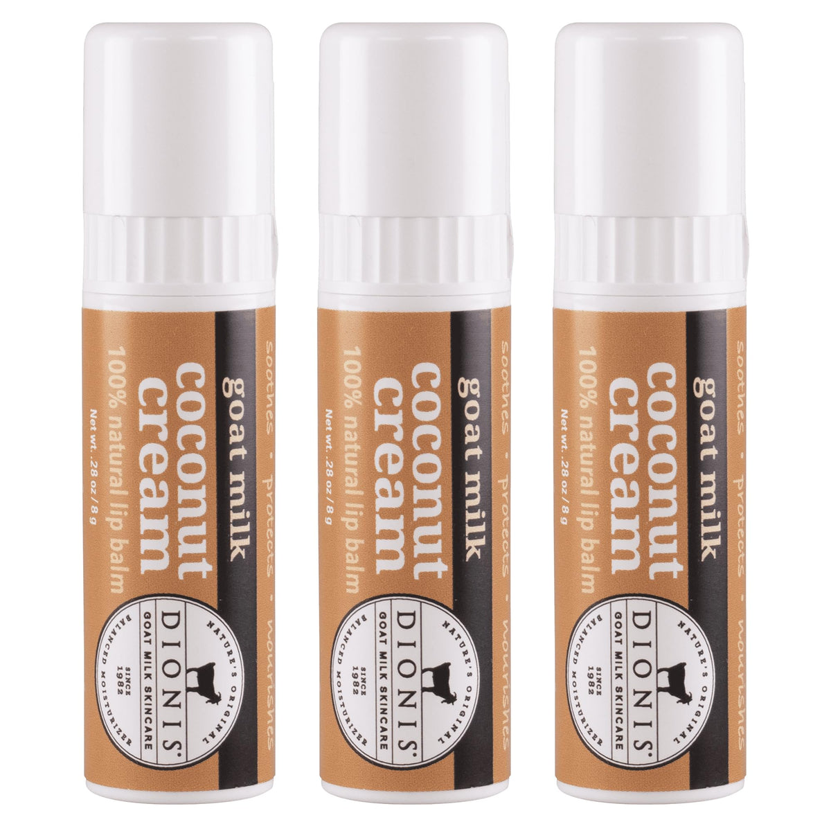 Dionis front view of Coconut Cream jumbo lip balm shows clear finish and packaging benefit