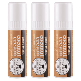 Dionis front view of Coconut Cream jumbo lip balm shows clear finish and packaging benefit