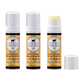 Dionis front packaging showing three milk and honey lip balm tubes, convenient value size