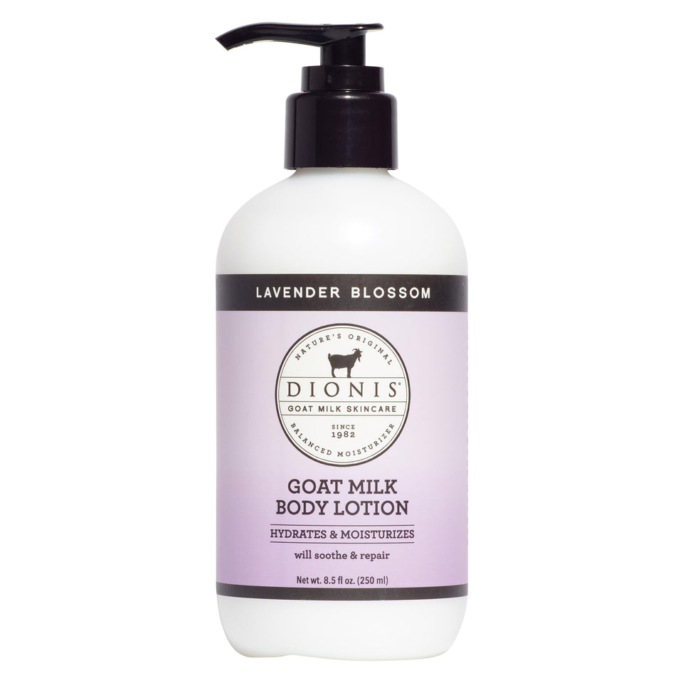 Dionis lotion pump front view showing bottle and label, easy dispensing benefit