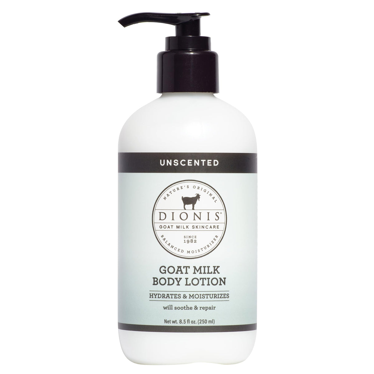Dionis front pump bottle showing clean unscented lotion, easy daily use