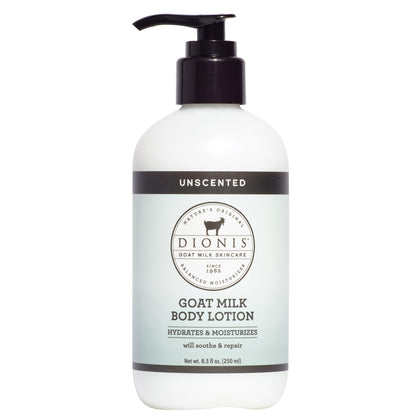 Dionis front pump bottle showing clean unscented lotion, easy daily use