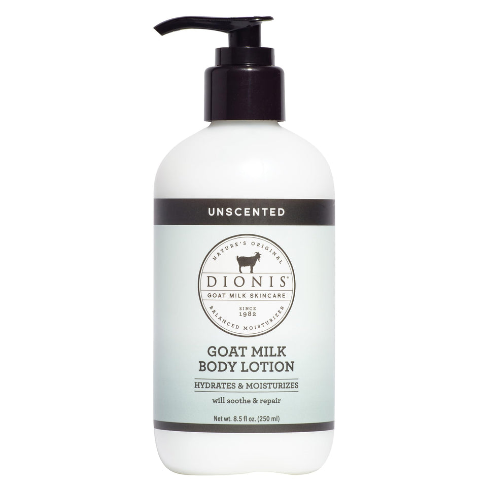 Dionis front pump bottle showing clean unscented lotion, easy daily use