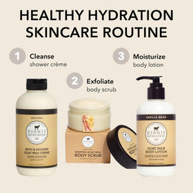 Ingredient visual with goat milk and vanilla bean representing natural nourishing benefits