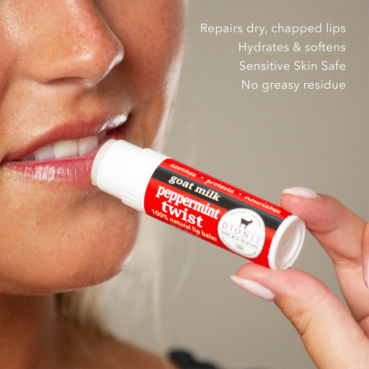 Dionis goat milk lip balm texture close-up for smooth application