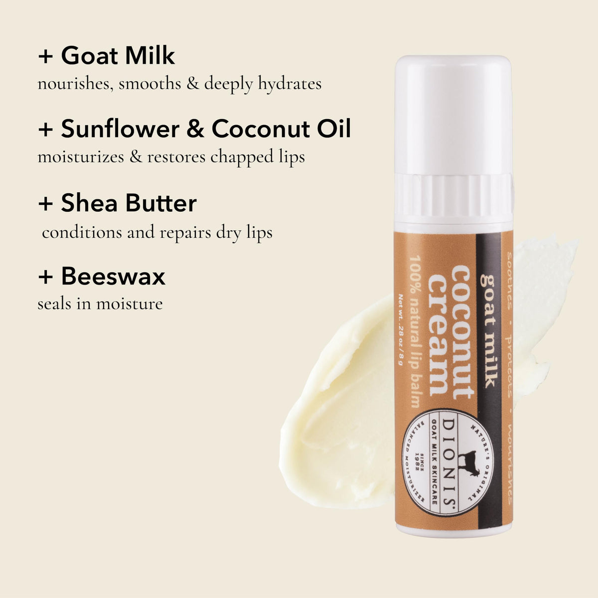 Dionis close-up of balm texture highlighting creamy, non-greasy hydration benefit