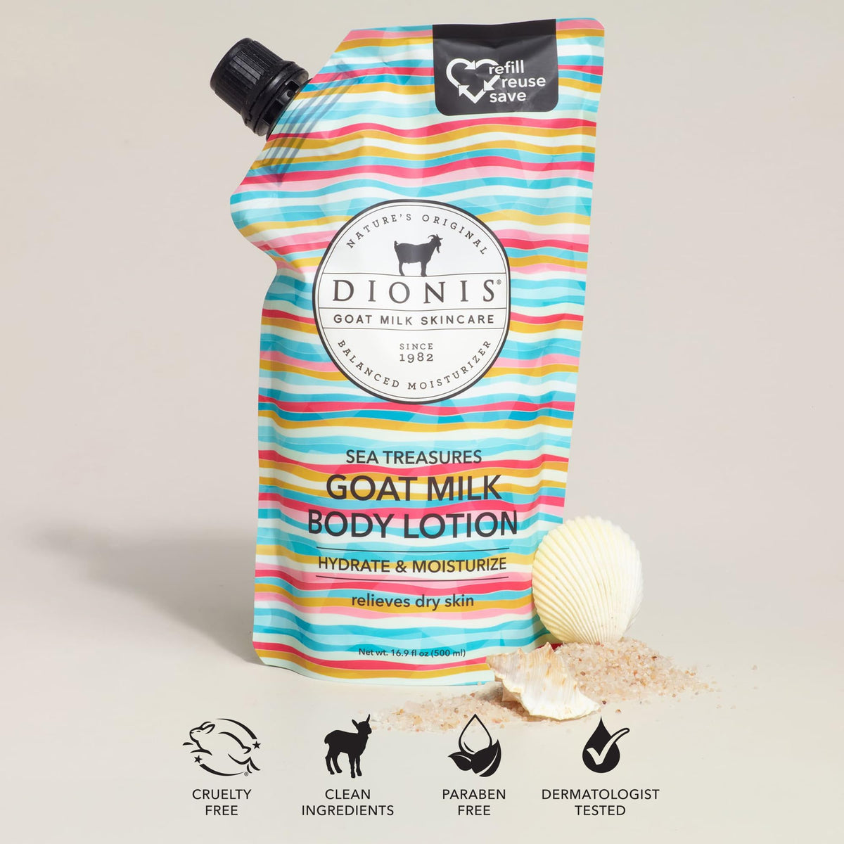 Close-up of Dionis goat milk lotion texture demonstrating smooth, fast-absorbing formula