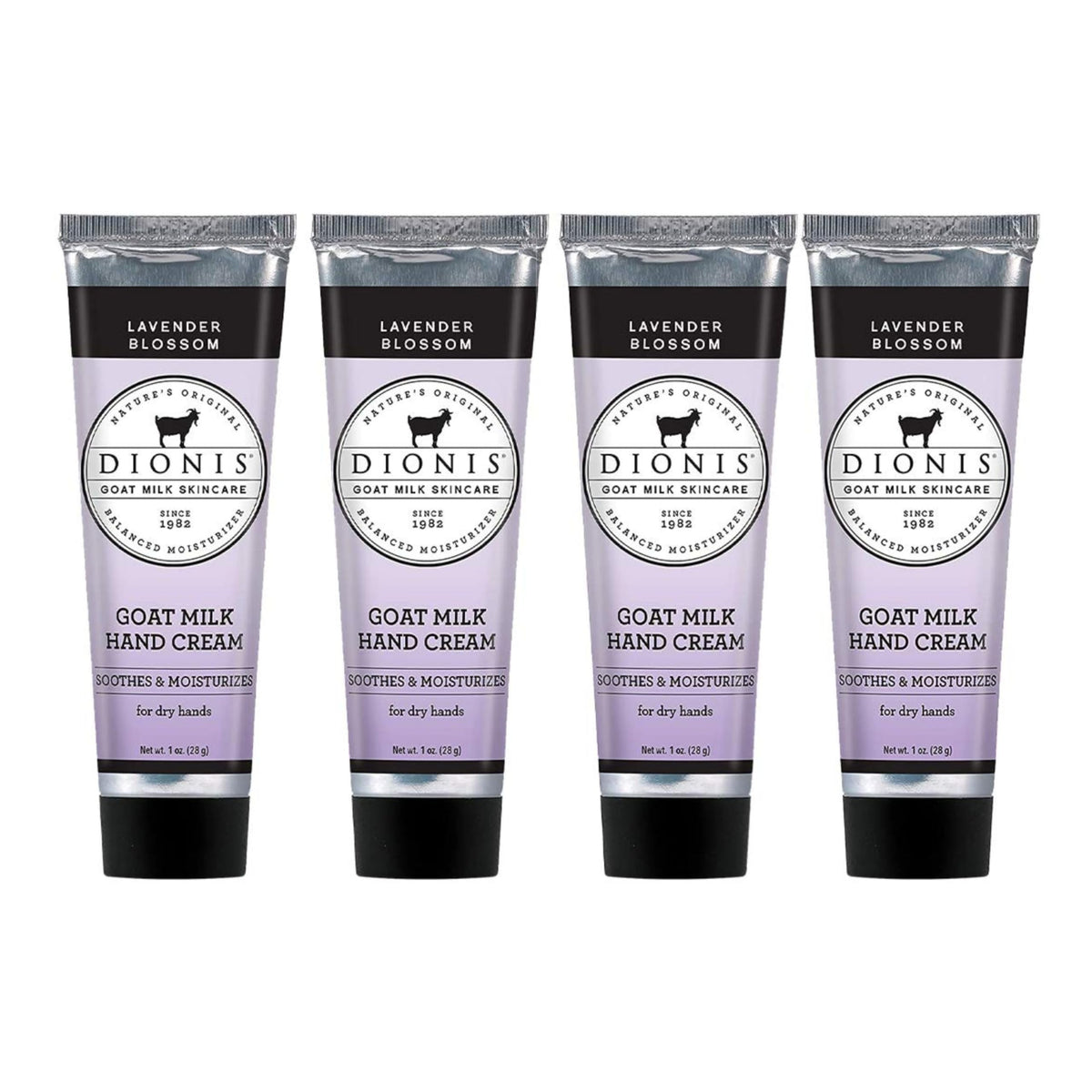 Dionis front packaging showing four 1 oz lavender blossom tubes for easy travel