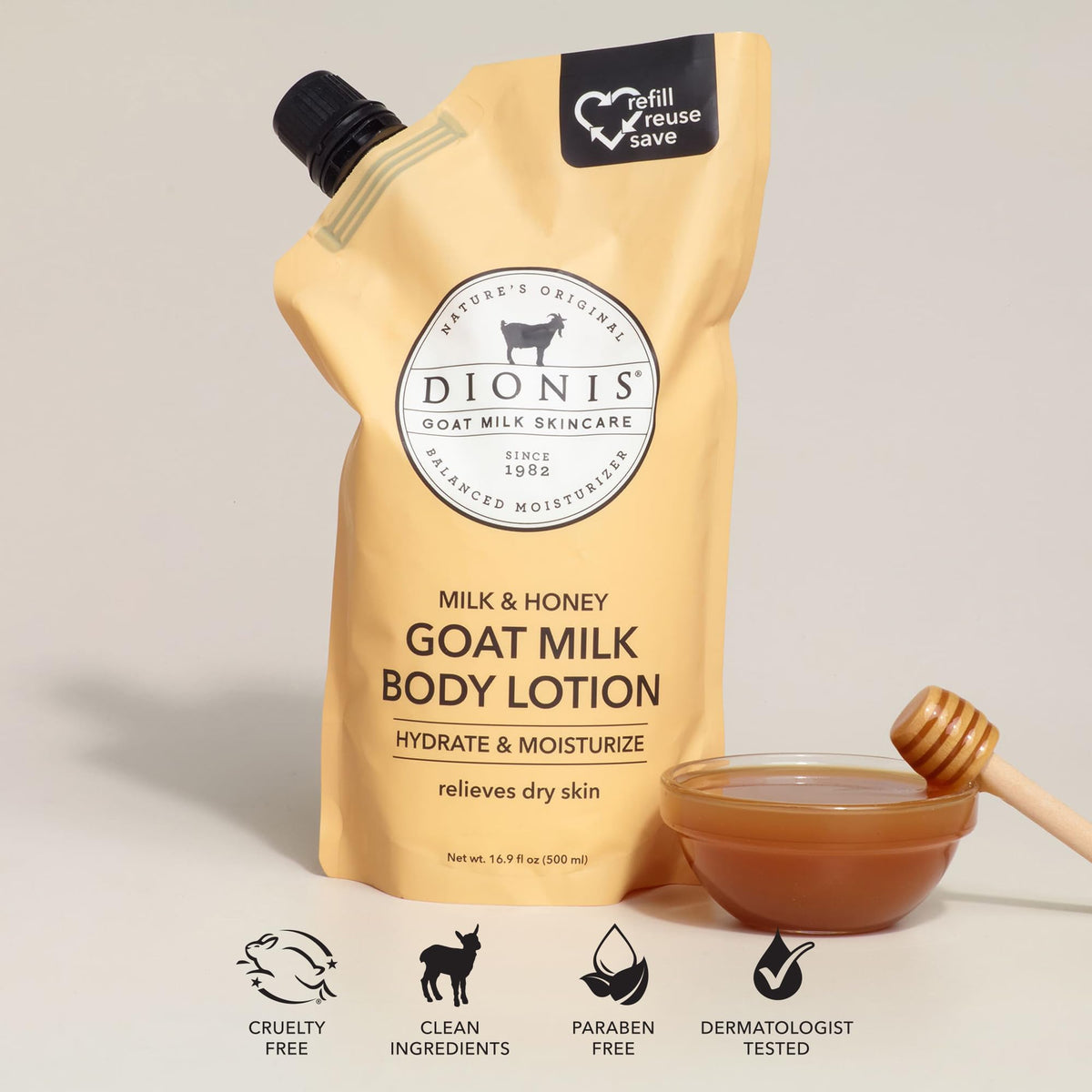 Dionis pouch being poured into a bottle for easy refill and reduced waste