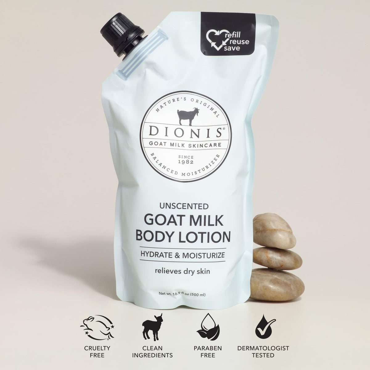 Dionis pouch spout close-up for easy mess-free refilling