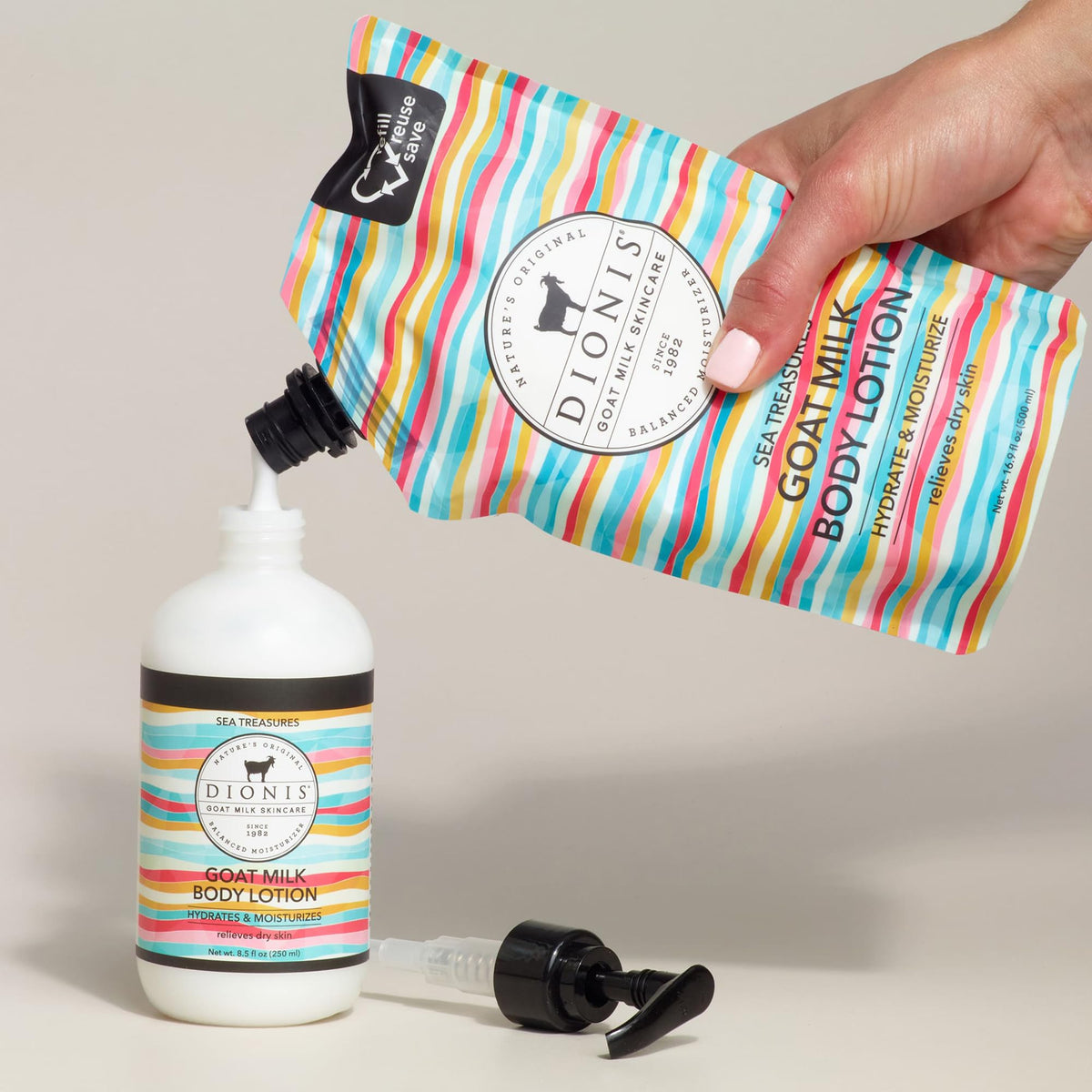 Dionis refill pouch being poured into a bottle to show spill-free sustainable refill benefit