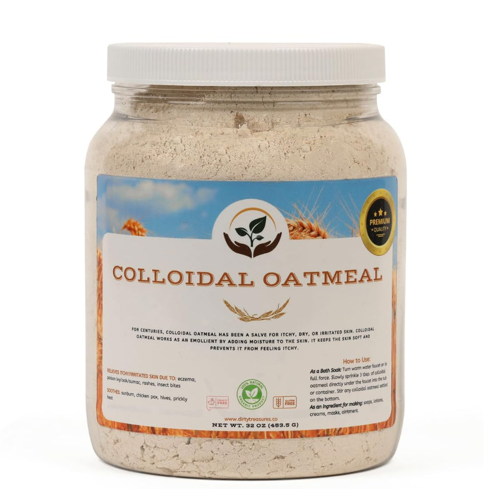 Dirty Treasures front packaging showing 32 oz jar and clear label, promotes gentle relief