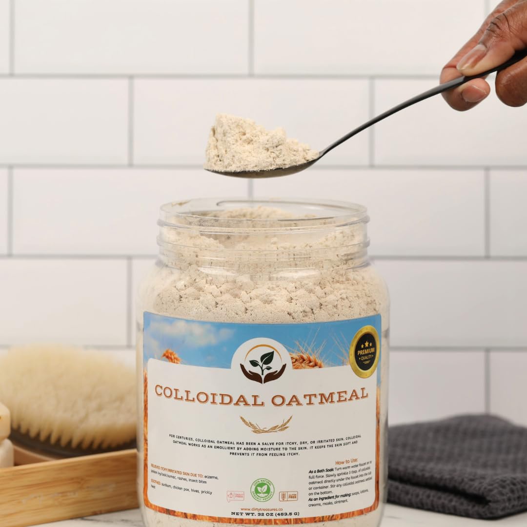 Close-up of Dirty Treasures colloidal oatmeal texture emphasizing ultra-fine milling benefit