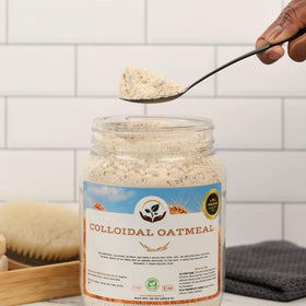 Close-up of Dirty Treasures colloidal oatmeal texture emphasizing ultra-fine milling benefit