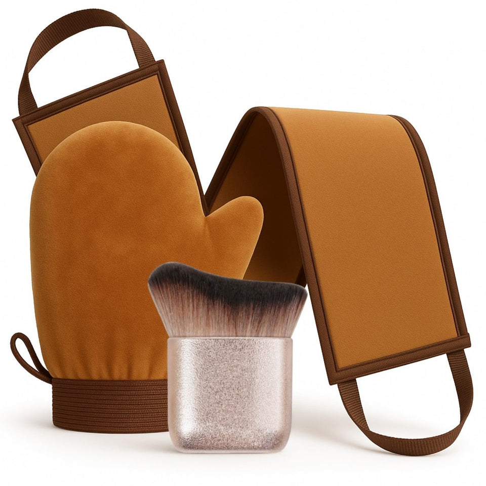 Diryi front of kit showing mitt, back applicator and kabuki brush for easy application