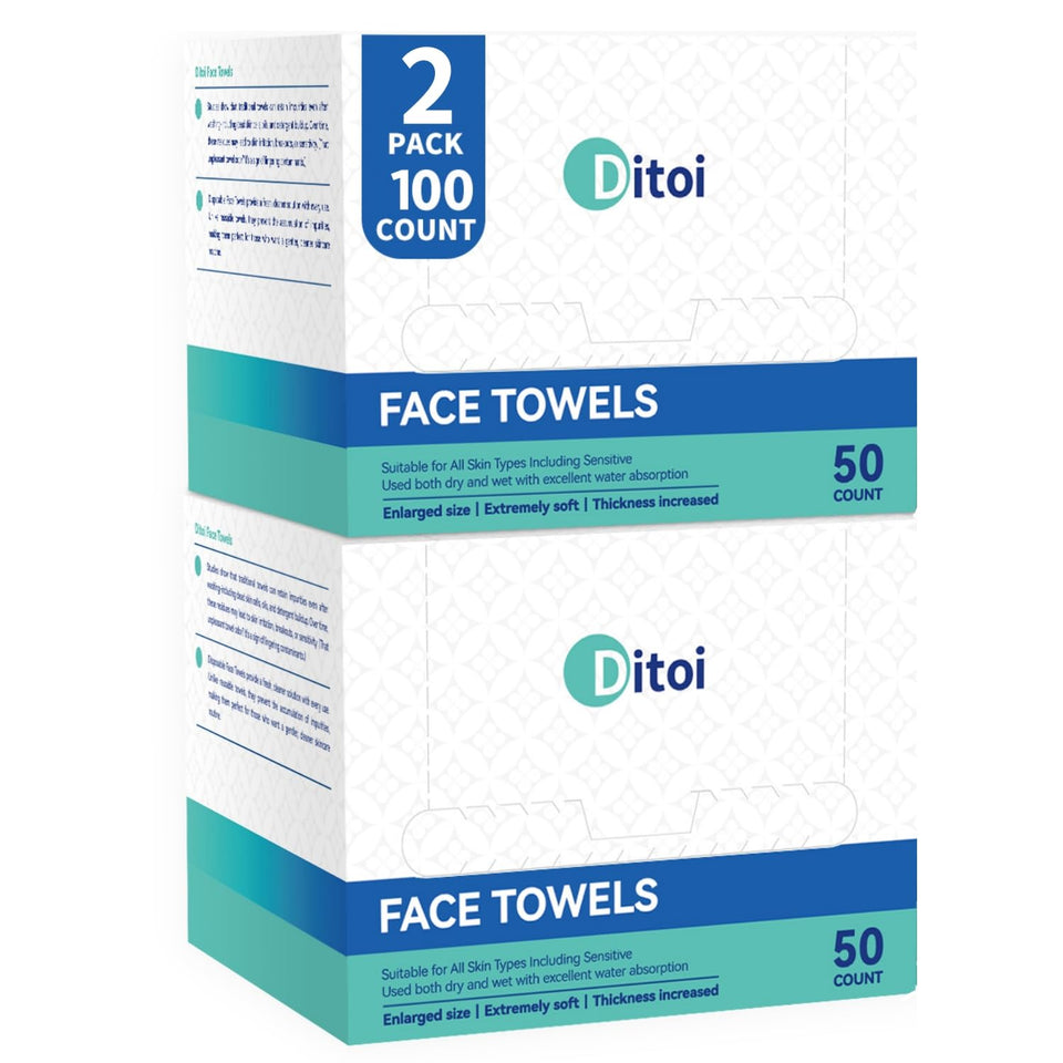 Ditoi front packaging showing 100-count XL disposable face towels for convenience