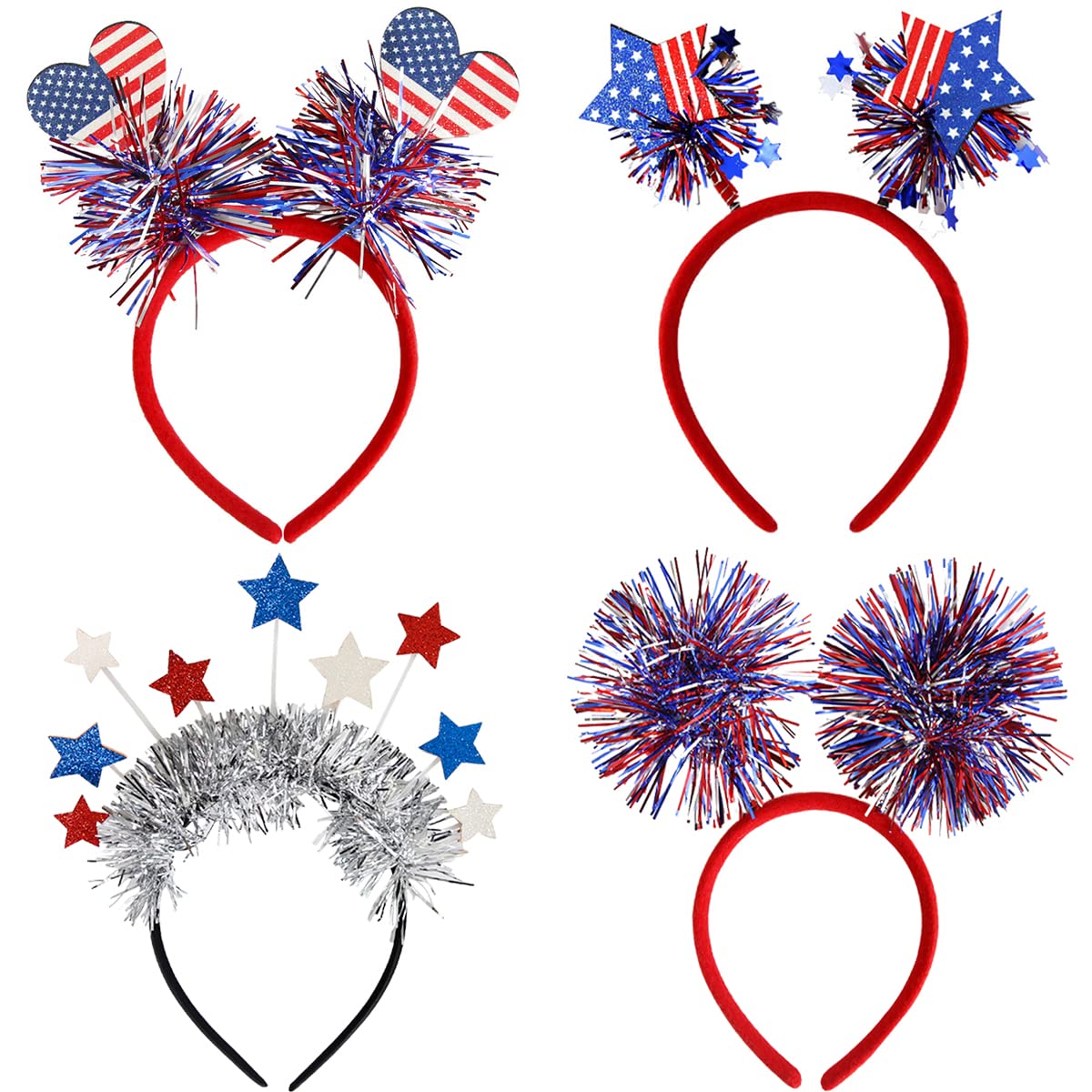 DIUEWOW front view of four patriotic headbands showing LED glow and tassels