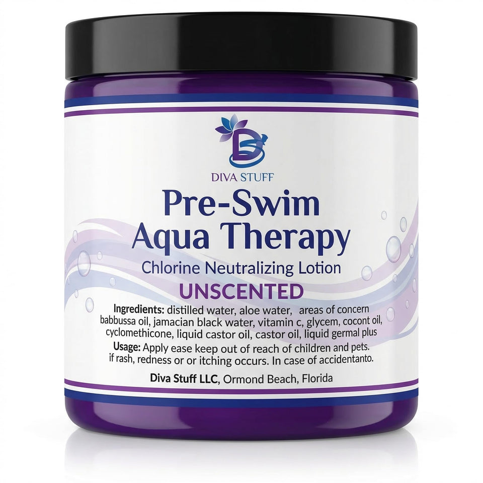 Diva Stuff front jar showing label and size, protects skin from chlorine