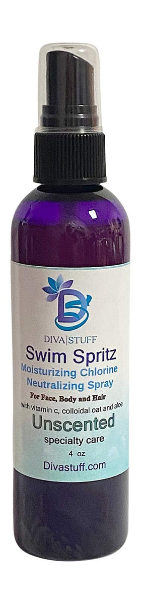 Diva Stuff Swim Spritz front label showing 4oz bottle and unscented benefit