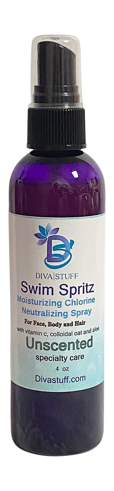 Diva Stuff Swim Spritz front label showing 4oz bottle and unscented benefit