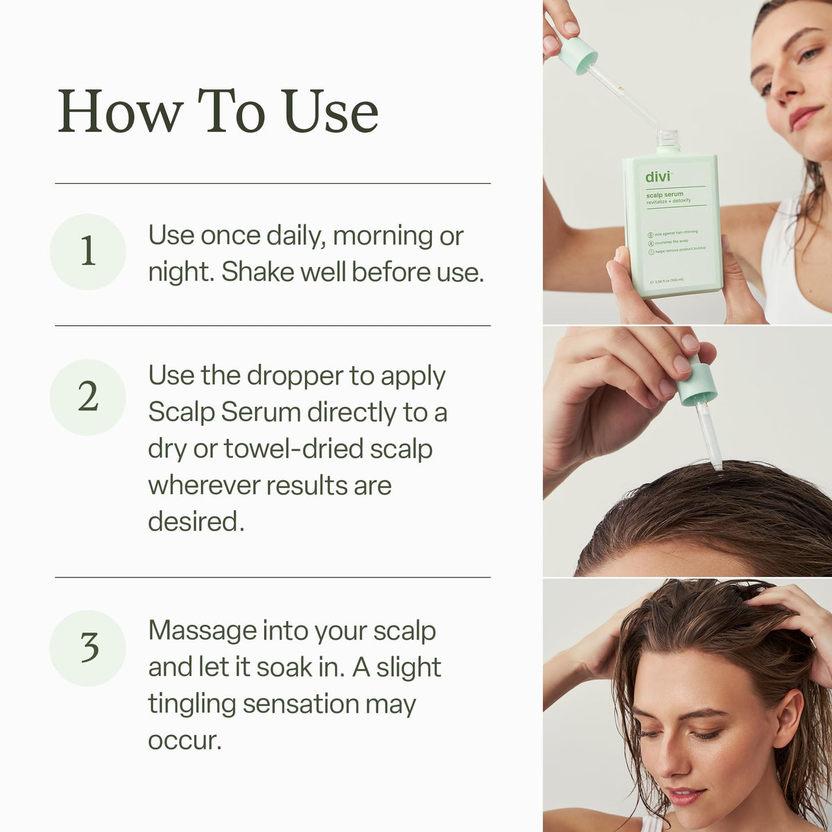 divi applying serum to scalp demonstrating targeted nourishment and refreshment