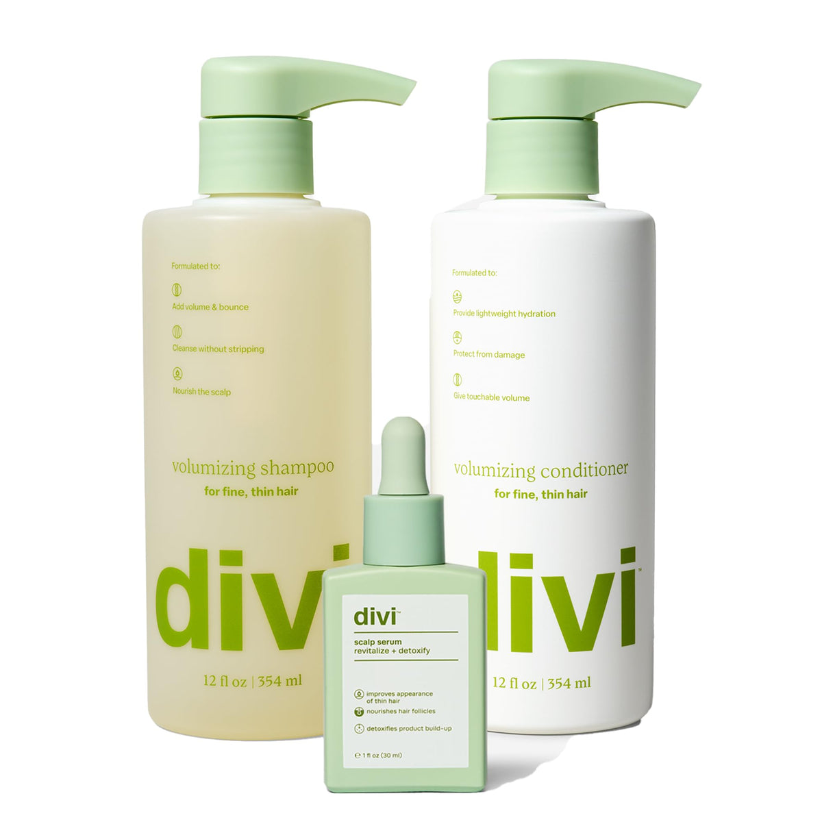 Divi bundle front packaging showing complete volumizing set and benefits