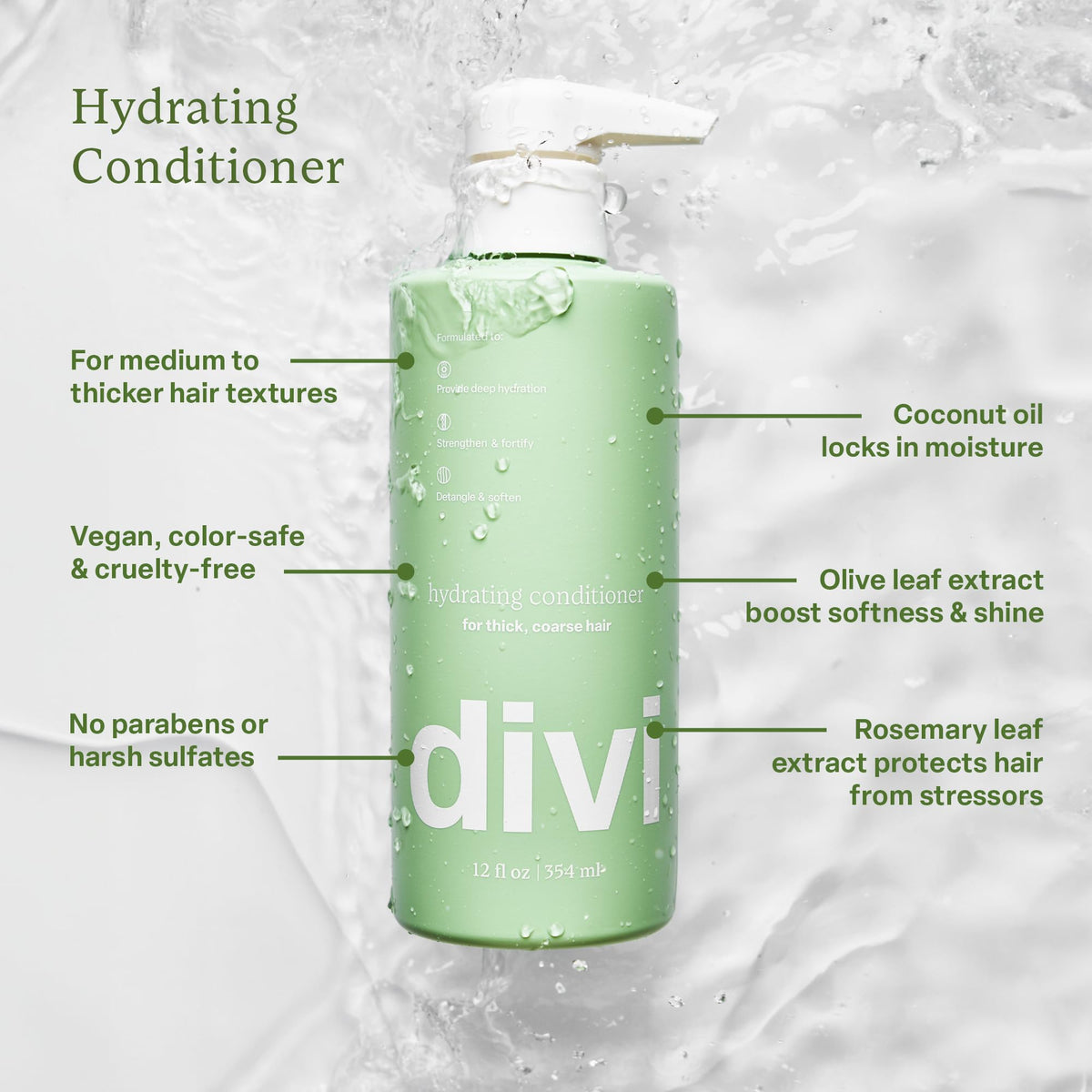 Divi conditioner being applied to thicker hair for smoother, manageable strands