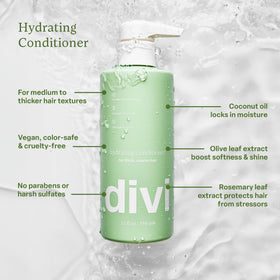 Divi conditioner being applied to thicker hair for smoother, manageable strands