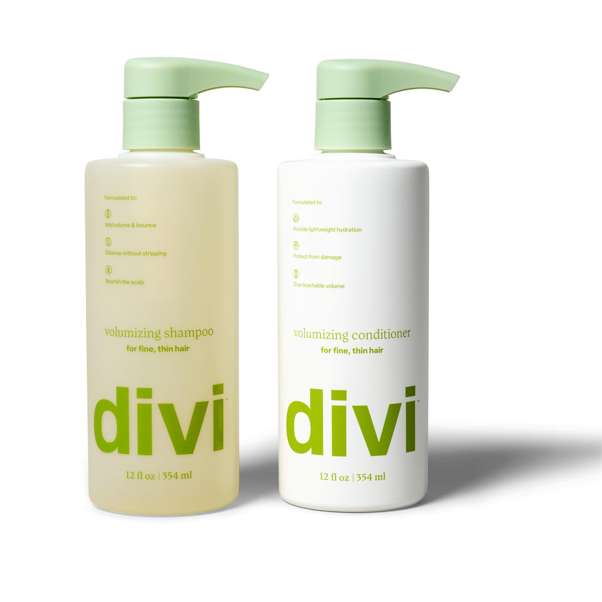 divi front packaging showing volumizing duo and clear branding for fuller hair