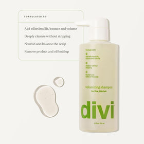 Divi shampoo bottle close-up highlighting nozzle and lightweight formula