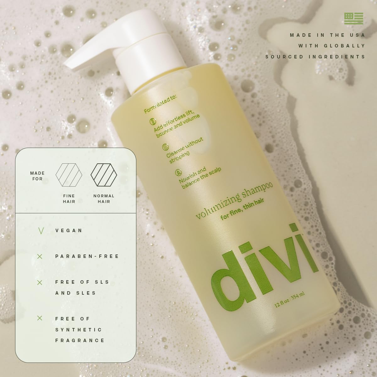 Divi shampoo texture pouring from bottle showing lightweight formula