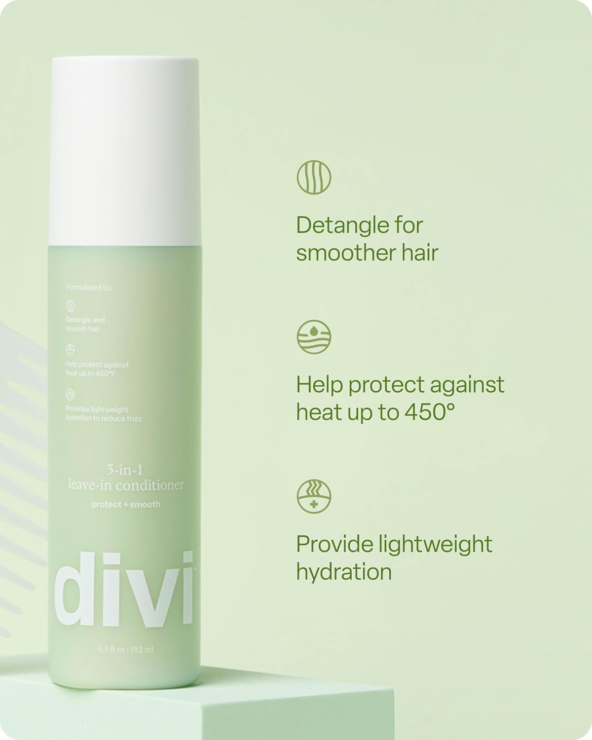 Divi spray texture on hair illustrating lightweight detangling and shine benefit